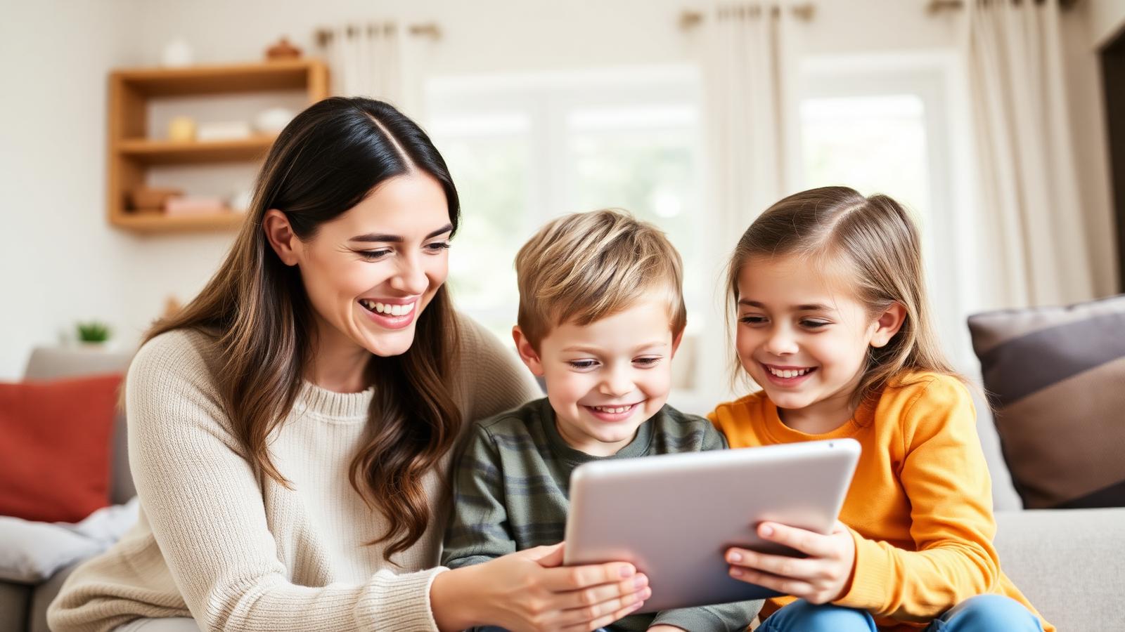 Happy family using tablet at home